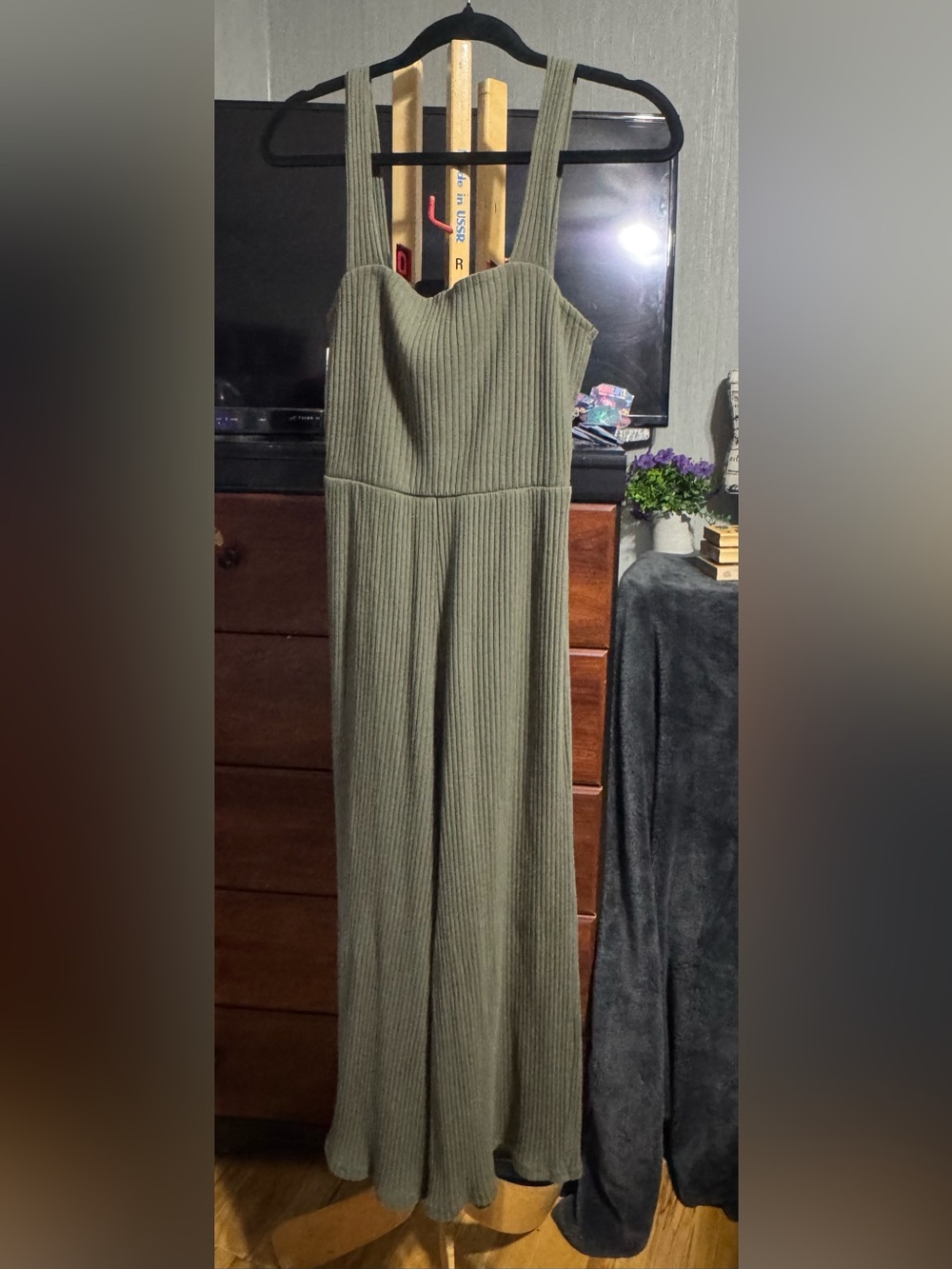 American Eagle Outfitters Olive Ribbed Wide-Leg Jumpsuit